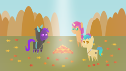 Size: 1920x1080 | Tagged: safe, artist:carrotorangelight, imported from derpibooru, hitch trailblazer, sunny starscout, oc, oc:aurora star, pony, autumn, g5, pointy ponies