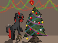 Size: 1440x1054 | Tagged: safe, artist:thomas.senko, imported from derpibooru, oc, oc only, oc:shade starlight, pony, unicorn, 2024, ^^, black hair, catchlights, chair, christmas, christmas 2024, christmas ball, christmas lights, christmas star, christmas tree, commission, commissioner:shade starlight, dark skin, digital art, ears up, eyes closed, eyes open, focus, focused, garland, holiday, hooves, horn, indoors, looking up, male, male oc, mane, nervous, nervous sweat, no eyelashes, older male, pony oc, quadrupedal, raised hoof, red eyes, red hair, red horn, silly, silly pony, simple background, simple shading, small chair, solo, tongue out, tree, unicorn oc