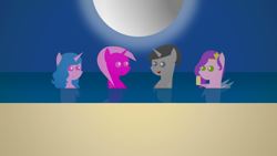 Size: 1920x1080 | Tagged: safe, artist:carrotorangelight, imported from derpibooru, izzy moonbow, pipp petals, oc, oc:furippu ribasu, oc:star rhythm, pony, seapony (g4), female, g5, half moon, moon, night, pointy ponies, seaponified, seapony izzy moonbow, seapony pipp petals, species swap