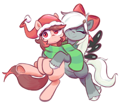 Size: 1124x967 | Tagged: safe, artist:deerie, imported from derpibooru, oc, oc only, oc:asbestos, oc:wormy, earth pony, pegasus, christmas, clothes, female, flying, hat, holiday, hug, mare, santa hat, scarf, simple background, smiling, spread wings, wings