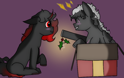 Size: 1440x910 | Tagged: safe, artist:thomas.senko, imported from derpibooru, oc, oc:monolith skyline, oc:shade starlight, pegasus, pony, unicorn, 2024, ^^, black hair, christmas, christmas 2024, christmas gift, commission, commissioner:shade starlight, dark skin, digital art, duo, ears up, eyes closed, eyes open, floppy ears, friends with benefits, gay, happines, happy, holiday, hooves, horn, indoors, looking at each other, looking at someone, male, male duo, male oc, mistletoe, no eyelashes, pony oc, present, quadrupedal, raised hoof, red eyes, red hair, silly, silly pony, simple background, simple shading, smiling, smiling at each other, white hair