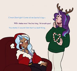 Size: 986x900 | Tagged: safe, artist:timelessclownry, imported from derpibooru, starlight glimmer, trixie, human, antlers, bedroom eyes, belt, christmas, christmas sweater, clothes, coat, costume, couch, dark skin, duo, duo female, ear piercing, earring, eyebrow piercing, eyes closed, female, flirting, grin, hairband, hat, holiday, horn, horned humanization, humanized, jewelry, laughing, lesbian, nail polish, nose piercing, open mouth, pants, piercing, ring, santa claus, santa costume, santa hat, shipping, smiling, startrix, sweater