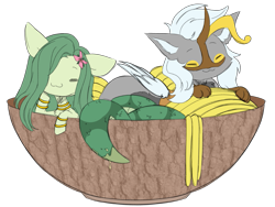 Size: 1217x913 | Tagged: safe, artist:belka-sempai, artist:polofastter, imported from derpibooru, oc, oc only, oc:apollo, oc:lamey, draconequus, lamia, original species, snake, snake pony, :3, bowl, bracelet, curved horn, duo, duo male and female, eyes closed, female, flower, flower in hair, folded wings, food, horn, jewelry, male, noodles, ramen, simple background, sketch, transparent background, wings