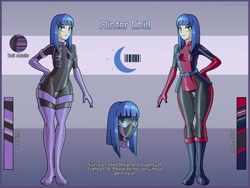 Size: 2500x1875 | Tagged: safe, artist:devillustart, imported from derpibooru, oc, oc only, oc:winter chill(fireverse), human, equestria girls, alternate universe, fireheart76's latex suit design, humanized, latex, latex suit, prisoners of the moon, reference sheet, royal stellaria magazine, rubber, rubber suit