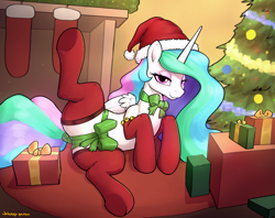 Size: 5243x4156 | Tagged: safe, artist:whiskeypanda, imported from derpibooru, princess celestia, alicorn, pony, bedroom eyes, bell, blushing, christmas, clothes, female, gift wrapped, hat, hearth's warming, holiday, lidded eyes, looking at you, lying down, on side, present, raised hoof, rug, santa hat, smiling, socks, solo, solo female, spread legs, spreading, stockings, tail, tail wrap, thigh highs, underhoof