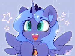 Size: 3000x2250 | Tagged: safe, artist:zokkili, imported from derpibooru, princess luna, alicorn, pony, beanbrows, crown, ear fluff, eye clipping through hair, eyebrows, eyebrows visible through hair, female, high res, horn, jewelry, open mouth, open smile, peytral, regalia, smiling, solo, sparkles, sparkly eyes, spread wings, wingding eyes, wings