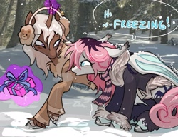 Size: 1935x1485 | Tagged: safe, artist:bunnnny, oc, oc only, pony, duo, duo female, female, mare, solo, text, winter