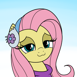 Size: 1500x1500 | Tagged: safe, artist:vomitvomiting, imported from derpibooru, fluttershy, pony, clothes, gradient background, looking at you, solo, winter outfit