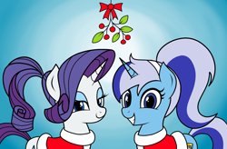 Size: 1500x986 | Tagged: safe, artist:vomitvomiting, imported from derpibooru, minuette, rarity, christmas, clothes, duo, gradient background, holiday, looking at you, mistletoe