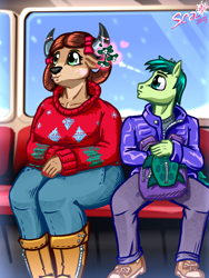 Size: 1500x2000 | Tagged: safe, artist:scarletdex8299, imported from derpibooru, gallus, ocellus, sandbar, silverstream, smolder, yona, anthro, earth pony, yak, arrow, backpack, bow, cel shading, cheek kiss, christmas sweater, clothes, cutie mark, cutie mark on clothes, duo, duo male and female, female, festive, flirting, floating heart, food, hair bow, heart, hearth's warming eve, hinting, horns, implied kissing, kissing, looking away, male, male and female, mistletoe, nail polish, shading, shipping, size difference, smaller male, snilldarfest, snow, straight, student six, subway, sweater, train car, wide hips, winter outfit, yonabar