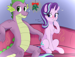 Size: 1878x1437 | Tagged: safe, artist:local sugar provider, derpibooru exclusive, imported from derpibooru, spike, starlight glimmer, dragon, pony, unicorn, adult, adult spike, anxious, blush lines, blushing, couch, cute, duo, female, g4, hearth's warming, holly, holly mistaken for mistletoe, horn, imminent kissing, indoors, leaning back, lip bite, male, mare, mistletoe, nervous, older, older spike, raised hoof, scales, shaking, shaking hoof, ship:sparlight, shipping, shy, sitting, size difference, smiling, sparkles, sparlight, straight, sweat, sweatdrop