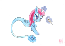 Size: 3508x2480 | Tagged: safe, artist:glimmycat, imported from derpibooru, oc, oc only, oc:parcly taxel, alicorn, genie, genie pony, pony, ain't never had friends like us, albumin flask, project seaponycon, alicorn oc, bottle, female, food, horn, horn ring, jewelry, levitation, looking at you, magic, mare, marshmallow, ring, smiling, smiling at you, solo, telekinesis, traditional art, wings