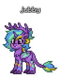 Size: 256x328 | Tagged: safe, artist:princess ice color twinkle, imported from derpibooru, oc, oc:jubby, dracony, dragon, hybrid, pony, pony town, bat wings, chest hair, female, horn, leon tail, mare, purple skin, side horns, three toned mane, wings