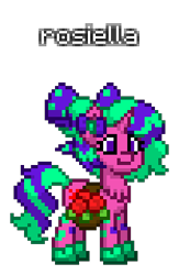 Size: 208x320 | Tagged: safe, artist:princess ice color twinkle, imported from derpibooru, oc, oc:rosiella, pony, unicorn, pony town, bow, chest hair, eyelashes, female, green shoes, horn, mare, pink skin, ponytail, purple eyes, two toned mane, waist accessory