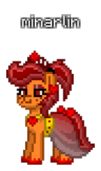 Size: 192x324 | Tagged: safe, artist:princess ice color twinkle, imported from derpibooru, oc, oc:minarlin, earth pony, pony, pony town, clothes, crimson crown, crimson mane, crimson tail, eyelashes, eyeshadow, female, freckles, gold belt, jewelry, makeup, mare, necklace, ponytail, red bow, red ear accessory, red hooves