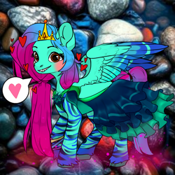 Size: 1024x1024 | Tagged: safe, imported from derpibooru, oc, pegasus, avatar maker fantasy pony, background, blushing, chat bubble, clothes, colored wings, crown, eyelashes, feet design, female, green skin, gritted teeth, heart, jewelry, mare, oc name needed, regalia, spread wings, tail, teeth, teeth grinding, two toned mane, two toned tail, two toned wings, wings