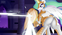 Size: 3840x2160 | Tagged: safe, artist:virenth, imported from derpibooru, princess celestia, alicorn, pony, action pose, armor, butt, combat, female, mare, plot, raised tail, shield, sunbutt, sword, tail, wallpaper, weapon