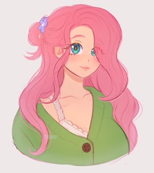 Size: 1829x2048 | Tagged: safe, artist:kitsu, artist:strawbee_fox, imported from derpibooru, fluttershy, human, blue eyes, blushing, bra, bra strap, clothes, female, flower, flower in hair, humanized, lace, looking at you, messy hair, pink hair, simple background, solo, solo female, underwear