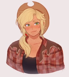 Size: 1829x2048 | Tagged: safe, artist:kitsu, artist:strawbee_fox, imported from derpibooru, applejack, human, applejack's hat, blonde hair, blushing, clothes, cowboy hat, female, food, freckles, hat, humanized, ponytail, shirt, solo, solo female, straw in mouth, wheat, yellow eyes