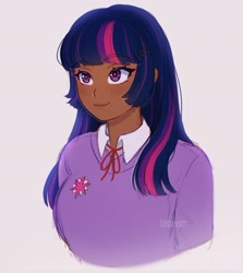 Size: 1828x2048 | Tagged: safe, artist:kitsu, artist:strawbee_fox, imported from derpibooru, twilight sparkle, human, black skin, blouse, blushing, collar, female, humanized, long hair, purple eyes, simple background, solo, solo female, straight hair, two toned hair