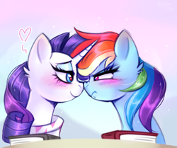 Size: 3000x2508 | Tagged: safe, artist:pozya1007, imported from derpibooru, rainbow dash, rarity, pegasus, pony, unicorn, the end in friend, blushing, book, boop, duo, duo female, eye contact, eyeshadow, female, horn, lesbian, looking at each other, looking at someone, makeup, mare, my little pony, raridash, shipping, smiling