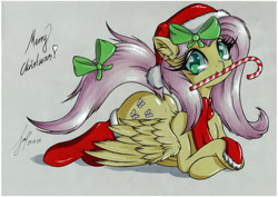 Size: 2457x1742 | Tagged: safe, artist:jacquibim, imported from derpibooru, fluttershy, pegasus, pony, bow, candy, candy cane, christmas, female, food, hair bow, hat, high res, holiday, lying down, mare, merry christmas, mouth hold, prone, santa hat, solo