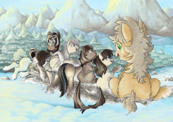 Size: 4093x2894 | Tagged: safe, artist:snspony, imported from twibooru, oc, oc only, oc:cold shoulder, oc:current seeker, oc:frosty flakes, oc:lichen, oc:pine ponder, oc:winter wonder, pony, abominable snowmare, butt, female, fluffy, foal, image, log, looking at each other, mare, missing cutie mark, painterly, pinecone, plot, png, rear view, size difference, underhoof, wip, yakutian horse