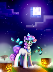 Size: 2508x3397 | Tagged: safe, artist:pozya1007, imported from derpibooru, sweetie belle, pony, unicorn, don't mine at night, blank flank, cloud, cute, diamond, diamond pickaxe, diasweetes, female, filly, foal, glowing, glowing horn, halloween, holiday, horn, jack-o-lantern, jewelry, levitation, magic, magic aura, minecraft, moon, night, night sky, outdoors, pickaxe, pumpkin, sky, solo, stars, telekinesis