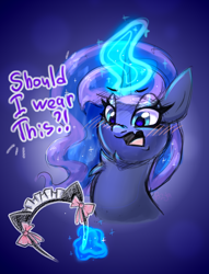 Size: 2508x3285 | Tagged: safe, artist:pozya1007, imported from derpibooru, princess luna, alicorn, pony, blushing, bust, cat ears, cute, fake ears, female, glowing, glowing horn, horn, levitation, magic, magic aura, mare, open mouth, portrait, solo, talking, telekinesis