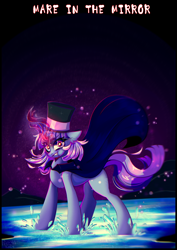 Size: 2508x3541 | Tagged: safe, artist:pozya1007, imported from derpibooru, oc, oc only, oc:flawless sparklemoon, pony, unicorn, angry, eyes open, female, fusion, fusion:trixie, fusion:twilight sparkle, fusion:twixie, hat, horn, looking at you, magic, mare, my little pony the movie: the death of twilight sparkle, open mouth, open smile, smiling, smiling at you, solo, sparkles, sparkly eyes, unicorn oc, water, wingding eyes