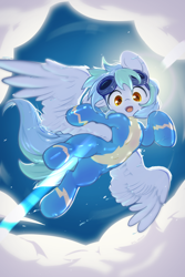 Size: 3200x4800 | Tagged: safe, artist:zylgchs, imported from derpibooru, oc, oc only, oc:siriusnavigator, pegasus, clothes, cloud, flying, goggles, goggles on head, latex, latex suit, lens flare, solo, uniform, wonderbolts uniform