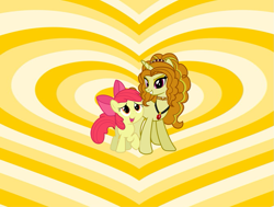 Size: 953x720 | Tagged: artist needed, safe, anonymous artist, artist:90sigma, artist:estories, imported from derpibooru, adagio dazzle, apple bloom, earth pony, pony, unicorn, adagbloom, adorabloom, apple bloom's bow, bow, crack shipping, cute, duo, female, filly, foal, gem, grin, hair bow, heart, heart background, horn, lesbian, looking at each other, looking at someone, mare, open mouth, open smile, ponified, shipping, siren gem, smiling, smiling at each other, unicorn adagio dazzle