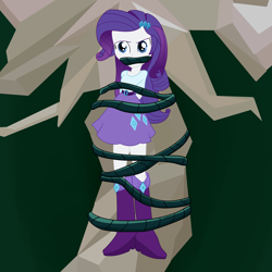 Size: 2500x2500 | Tagged: safe, artist:nie-martw-sie-o-mnie, imported from derpibooru, rarity, human, equestria girls, bondage, boots, clothes, female, gag, hairpin, looking at you, shoes, skirt, solo, tied to tree, vine, vine bondage, vine gag