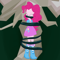 Size: 2500x2500 | Tagged: safe, artist:nie-martw-sie-o-mnie, imported from derpibooru, pinkie pie, human, equestria girls, bondage, boots, clothes, eyes closed, female, gag, shoes, skirt, solo, tied to tree, vine, vine bondage, vine gag