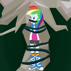 Size: 2500x2500 | Tagged: safe, artist:nie-martw-sie-o-mnie, imported from derpibooru, rainbow dash, human, equestria girls, bike shorts, bondage, boots, clothes, female, gag, shoes, skirt, solo, tied to tree, vine, vine bondage, vine gag