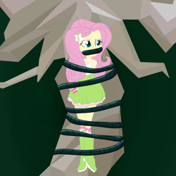 Size: 2500x2500 | Tagged: safe, artist:nie-martw-sie-o-mnie, imported from derpibooru, fluttershy, human, equestria girls, bondage, boots, butterfly hairpin, clothes, female, gag, shoes, skirt, solo, tied to tree, vine, vine bondage, vine gag