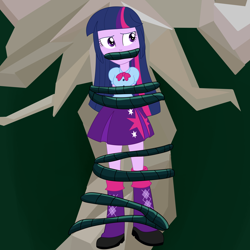 Size: 2500x2500 | Tagged: safe, artist:nie-martw-sie-o-mnie, imported from derpibooru, twilight sparkle, human, equestria girls, bondage, boots, bowtie, clothes, female, gag, shoes, skirt, solo, tied to tree, vine, vine bondage, vine gag