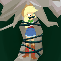 Size: 2500x2500 | Tagged: safe, artist:nie-martw-sie-o-mnie, imported from derpibooru, applejack, human, equestria girls, bondage, boots, clothes, cowboy boots, cowboy hat, female, gag, hat, shoes, skirt, solo, tied to tree, vine, vine bondage, vine gag