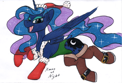 Size: 1200x811 | Tagged: safe, artist:sepiakeys, imported from derpibooru, princess luna, pony, boots, christmas, clothes, hat, holiday, leotard, santa hat, shoes, solo, traditional art