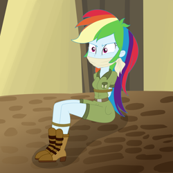 Size: 2500x2500 | Tagged: safe, artist:nie-martw-sie-o-mnie, imported from derpibooru, rainbow dash, human, equestria girls, bondage, boots, bound and gagged, cloth gag, clothes, equestria girls specials, explorer outfit, female, gag, high heel boots, my little pony equestria girls: movie magic, otm gag, rope, rope bondage, shoes, shorts, sitting, solo