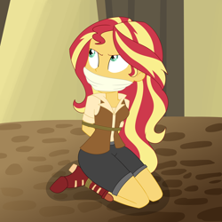 Size: 2500x2500 | Tagged: safe, artist:nie-martw-sie-o-mnie, imported from derpibooru, sunset shimmer, human, equestria girls, bondage, boots, bound and gagged, cloth gag, clothes, equestria girls specials, explorer outfit, female, gag, high heel boots, kneeling, looking up, my little pony equestria girls: movie magic, otm gag, rope, rope bondage, shoes, shorts, solo