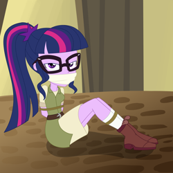 Size: 2500x2500 | Tagged: safe, artist:nie-martw-sie-o-mnie, imported from derpibooru, sci-twi, twilight sparkle, human, equestria girls, bondage, boots, bound and gagged, cloth gag, clothes, equestria girls specials, explorer outfit, female, gag, glasses, looking at you, my little pony equestria girls: movie magic, narrowed eyes, otm gag, ponytail, rope, rope bondage, sci-twi outfits, shoes, sitting, socks, solo