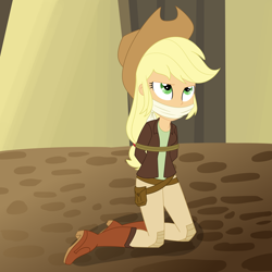 Size: 2500x2500 | Tagged: safe, artist:nie-martw-sie-o-mnie, imported from derpibooru, applejack, human, equestria girls, bondage, boots, cloth gag, clothes, equestria girls specials, explorer outfit, female, gag, high heel boots, kneeling, looking up, my little pony equestria girls: movie magic, otm gag, rope, rope bondage, shoes, sitting, solo