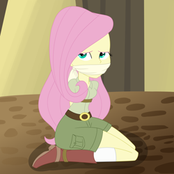 Size: 2500x2500 | Tagged: safe, artist:nie-martw-sie-o-mnie, imported from derpibooru, human, equestria girls, bondage, boots, bound and gagged, cloth gag, clothes, equestria girls specials, explorer outfit, female, gag, kneeling, looking at you, my little pony equestria girls: movie magic, narrowed eyes, otm gag, rope, rope bondage, shoes, shorts, socks, solo