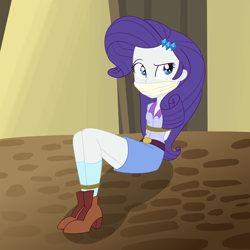 Size: 2500x2500 | Tagged: safe, artist:nie-martw-sie-o-mnie, imported from derpibooru, rarity, human, equestria girls, bondage, bound and gagged, cloth gag, clothes, equestria girls specials, eyebrows, female, gag, hairpin, high heels, my little pony equestria girls: movie magic, otm gag, raised eyebrow, rope, rope bondage, shoes, sitting, skirt, socks, solo