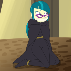 Size: 2500x2500 | Tagged: safe, artist:nie-martw-sie-o-mnie, imported from derpibooru, juniper montage, human, equestria girls, bondage, bound and gagged, cloak, cloth gag, clothes, equestria girls specials, female, gag, glasses, kneeling, my little pony equestria girls: movie magic, otm gag, rope, rope bondage, solo