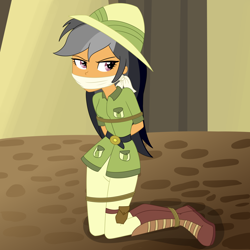 Size: 2500x2500 | Tagged: safe, artist:nie-martw-sie-o-mnie, imported from derpibooru, daring do, human, equestria girls, bondage, boots, bound and gagged, cloth gag, clothes, equestria girls specials, explorer outfit, female, gag, hat, kneeling, my little pony equestria girls: movie magic, narrowed eyes, otm gag, pith helmet, rope, rope bondage, shoes, solo