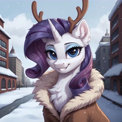 Size: 4608x4608 | Tagged: safe, imported from derpibooru, rarity, pony, unicorn, ai content, ai generated, antlers, bust, chest fluff, city, ear fluff, fur coat, generator:stable diffusion, happy, horn, looking at you, prompter:thelight3d, smiling, snow, snowfall, solo