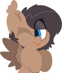 Size: 1576x1844 | Tagged: safe, artist:moonydusk, imported from derpibooru, oc, oc only, oc:quillwright, pegasus, fallout equestria, :p, ear fluff, eye clipping through hair, fallout equestria: of shadows, female, one eye closed, pegasus oc, simple background, solo, spread wings, tongue out, transparent background, wings, wink