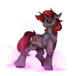 Size: 2300x2300 | Tagged: safe, artist:molars, imported from derpibooru, oc, oc only, oc:willow wisp, pony, unicorn, fallout equestria, commission, fallout equestria: of shadows, ghoul eyes, gritted teeth, horn, pink cloud (fo:e), radiation, raised hoof, scar, semi ghoul, solo, teeth, unshorn fetlocks